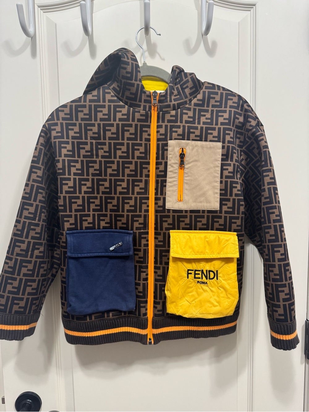 Fendi Kids Brown FF Logo Puffer Jacket with Yellow and Navy Pocket Details